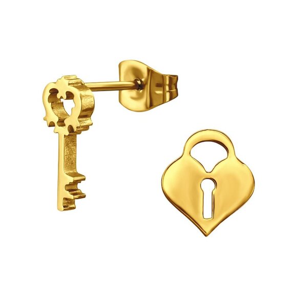 Stainless Steel Gold Key and Lock Earrings - Picture 1 of 5